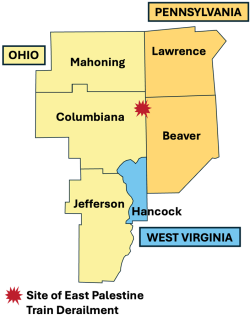 a map showing the surrounding counties of the train derailment site in East Palestin, Ohio
