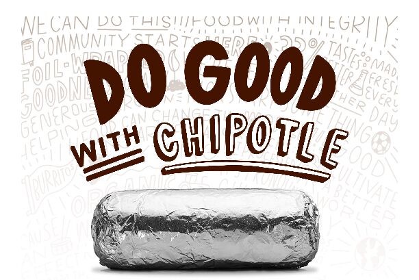 an illustrated graphic stating "do good with Chipotle" above an image of a tin foil wrapped burritio