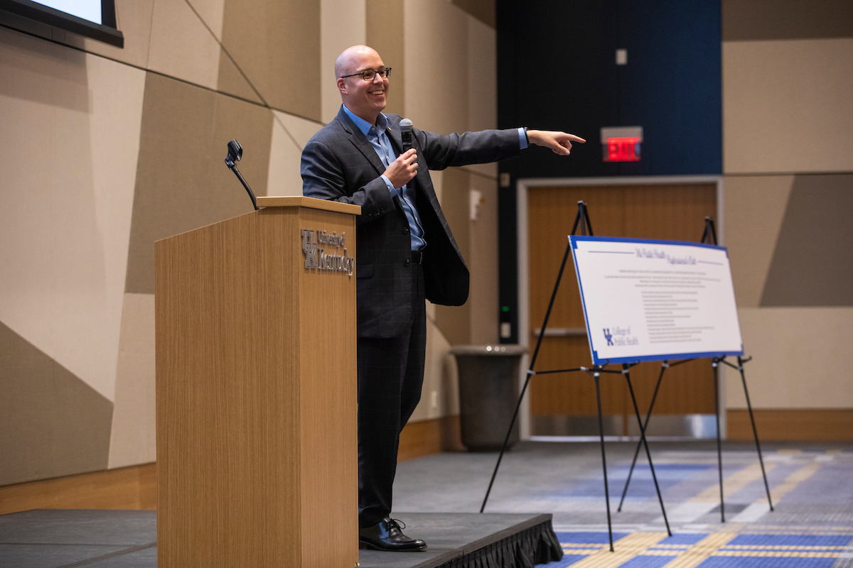 a photograph of Dr. Steven Stack speaking at the "Pump it Up" event