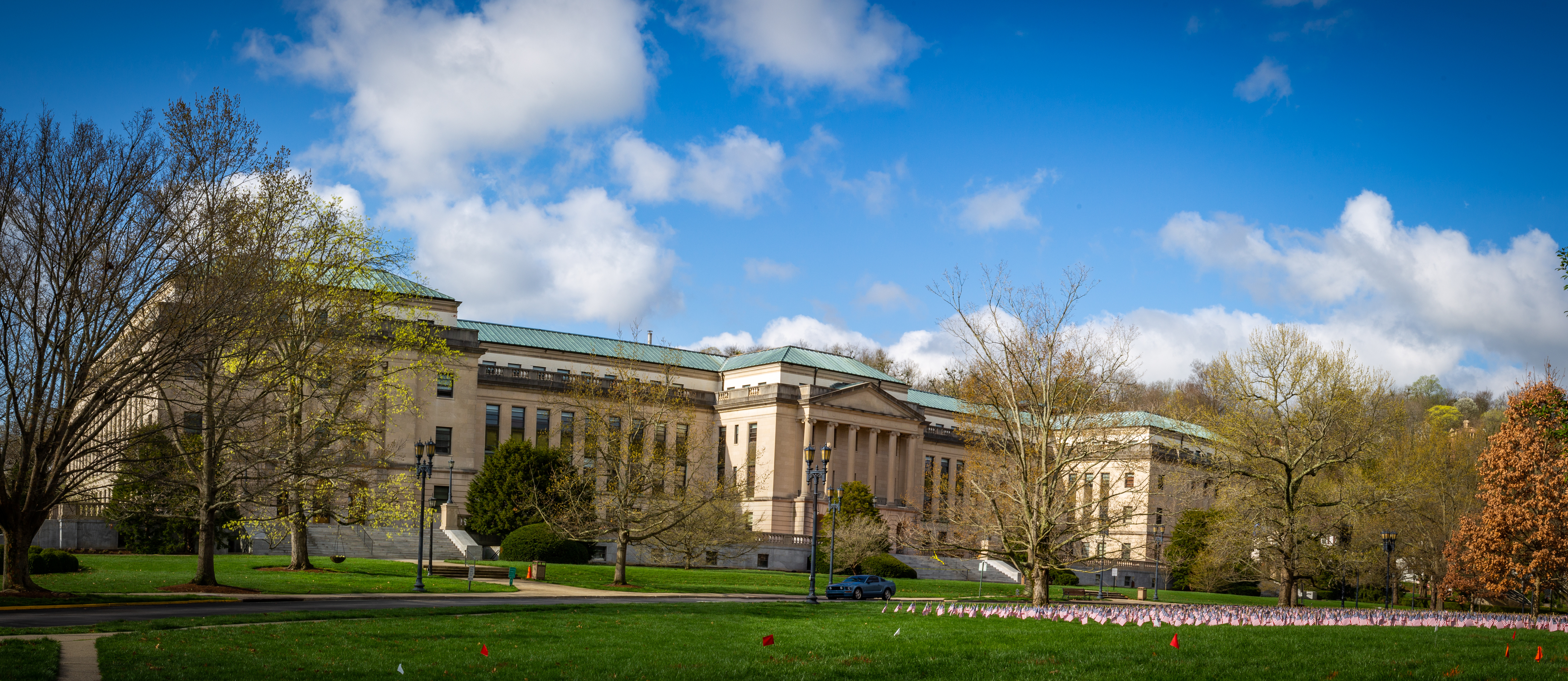 a photograph of the Kentucky State Capitol Annex Building in the capital city of Frankfort during early spring