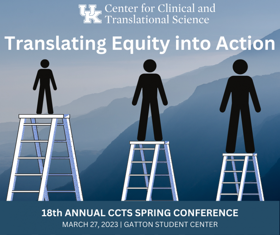 Event flyer for the 2023 CCTS Spring Conference illustrating different people on ladders with a greyed out mountain back drop.