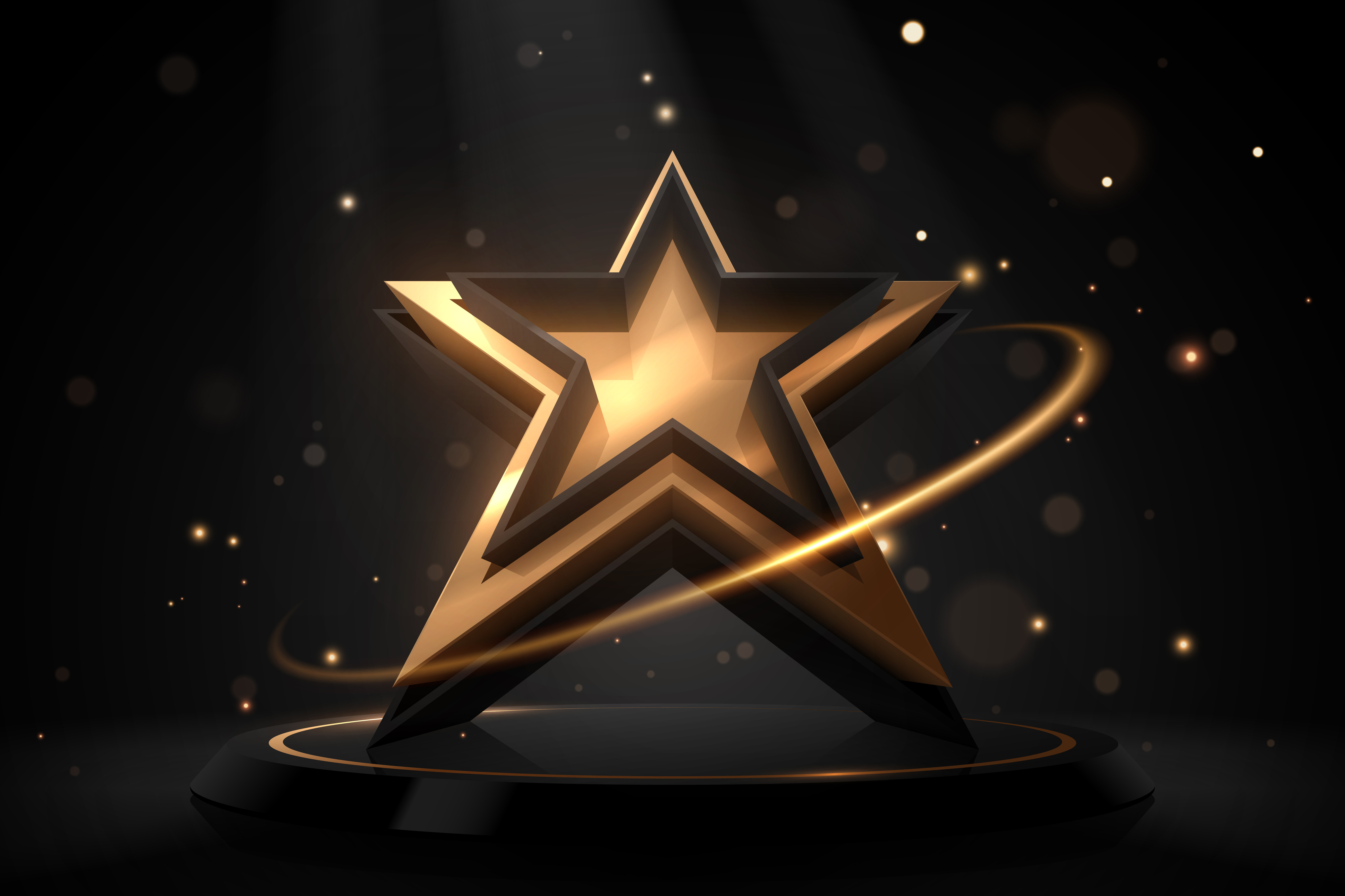 Black and gold star shape award with light effect