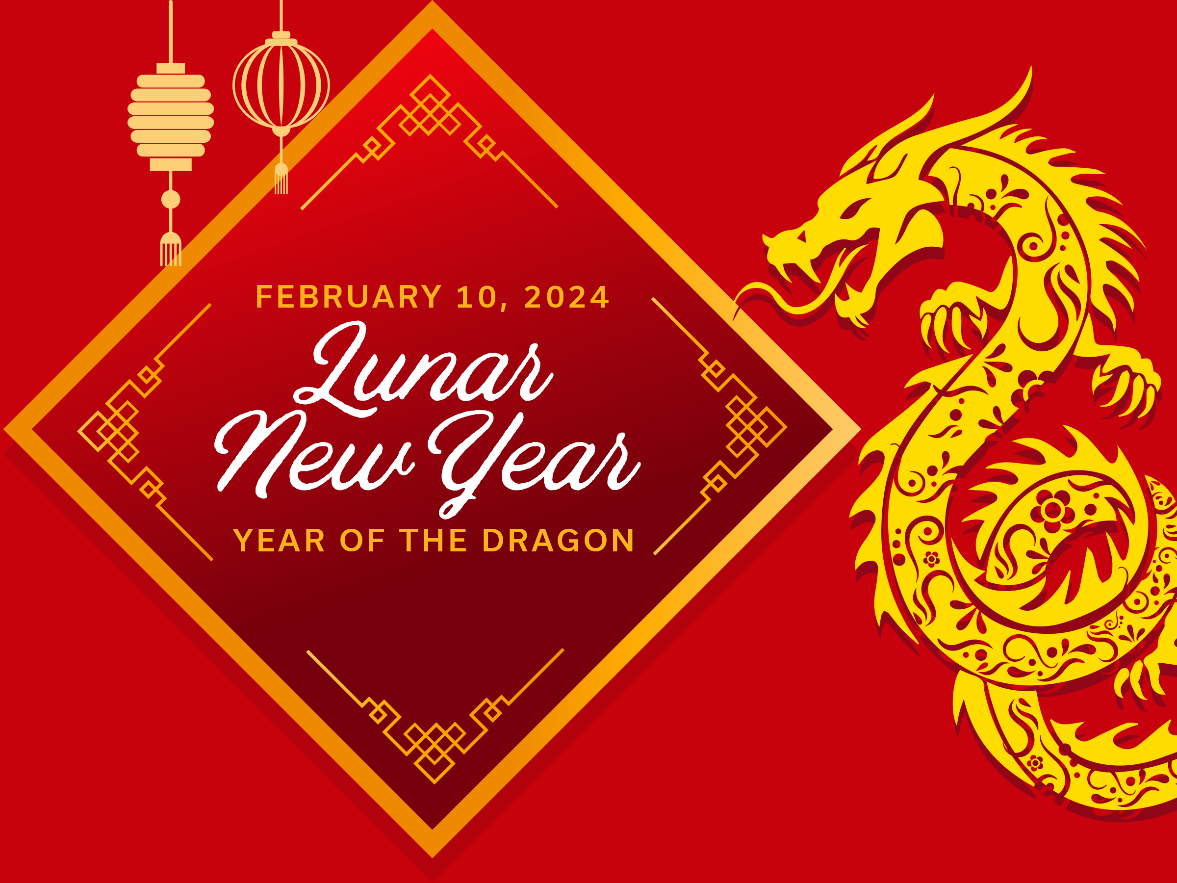 a graphic for the Lunar New Year stating "February 10, 2024. Year of the dragon."