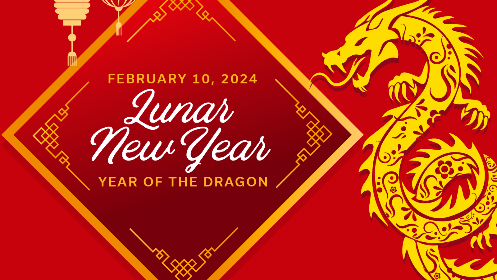 a graphic for the Lunar New Year stating "February 10, 2024. Year of the dragon."