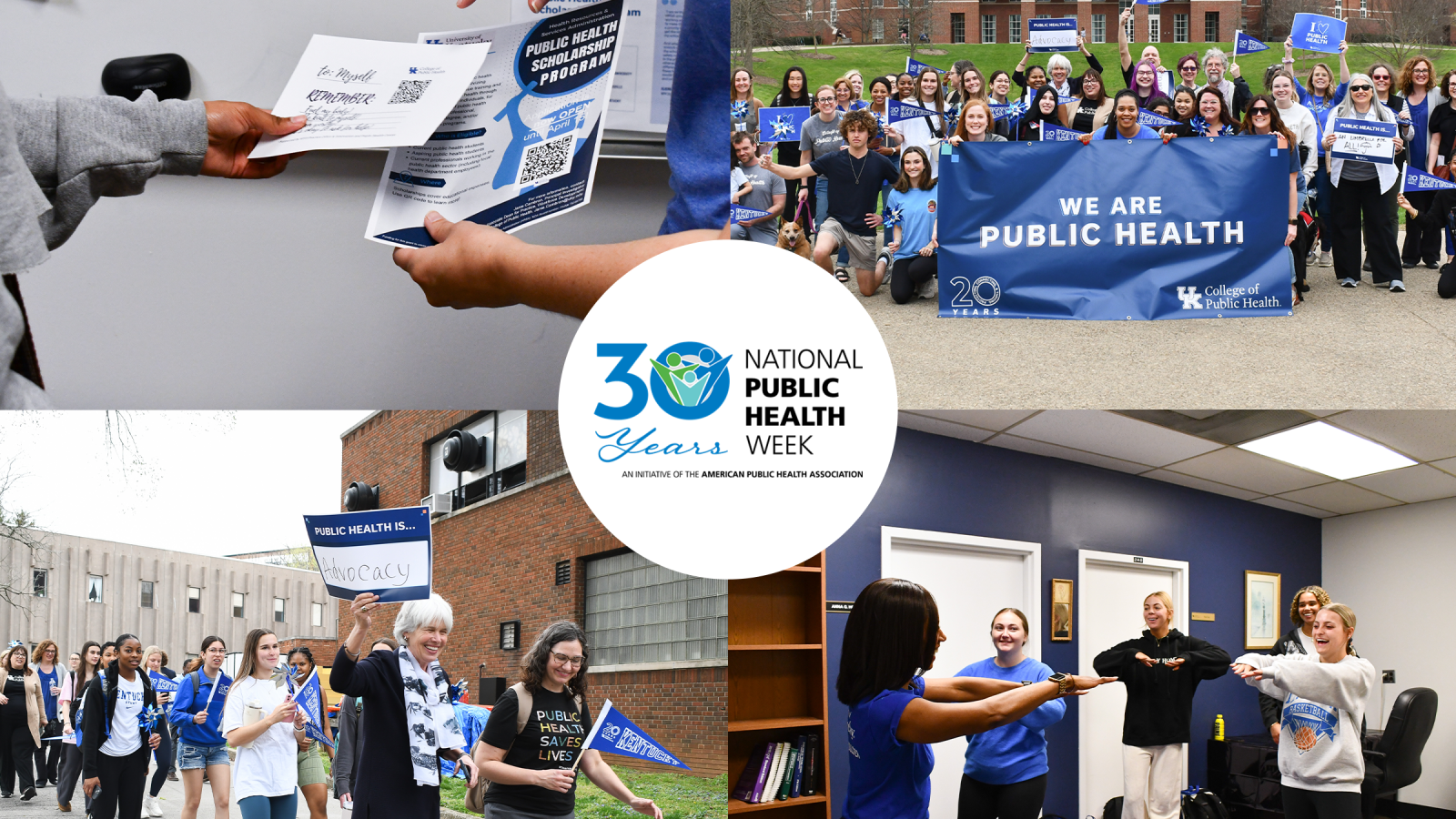 a photograph collage of the College of Public Health's national public health week activities with the NPHW logo in the center