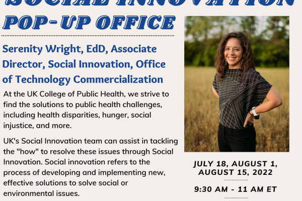 an illustrated graphic advertising "Social Innovation: Pop-Up Office with Dr. Serenity Wright"