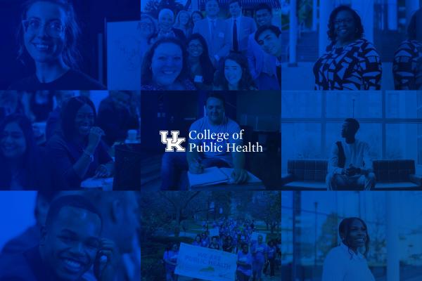 a collage of various event photos faded blue, the College of Public Health logo is in the center