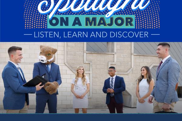 a graphic stating "learn about a different UK major each week from a Major Exploratory Associate" with a photograph of the UK mascot Scratch in a buisiness suit and other formally dressed students
