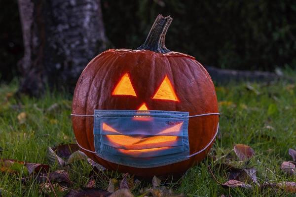 a photograph of a carved pumpkin with a surgical mask on