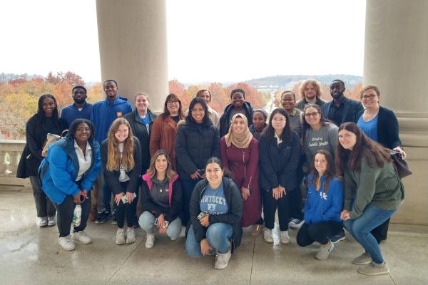 a photograph of a group of public health students with faculty and staff at the Capitol in Frankfort Kentucky