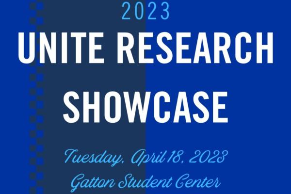 a graphic stating "2023 UNITE Research Showcase, Tuesday April 18 2023, Gatton Student Center