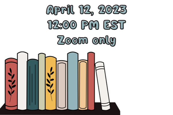a illustration of books with the time and date of this event, including that words "Zoom only"