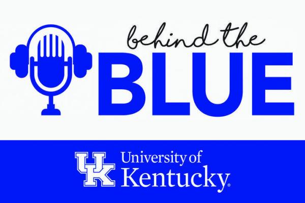 an illustrated logo for "Behind the Blue" with the University of Kentucky logo below it