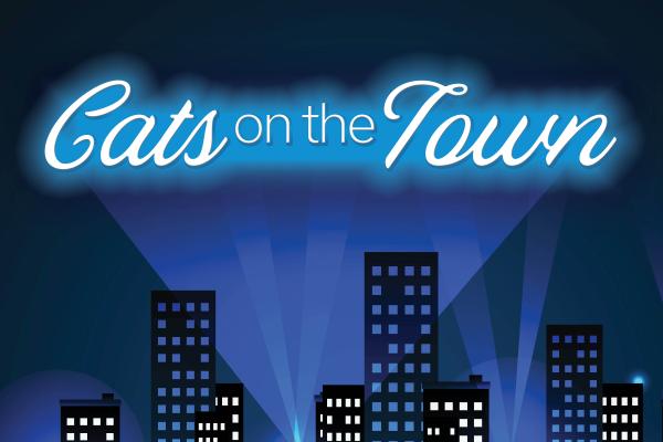 an illustration of city skyline with the words "cats on the town" above it