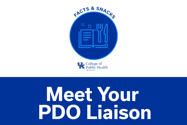 a digital graphic stating "facts & snacks. meet your PDO liaison." with a blue icon of a book and eating utensils