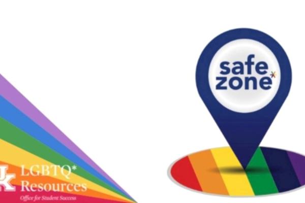 a digital graphic with rainbow colors and a map pin saying "safety zone" the logo for LGBTQ* Resources is in the corner