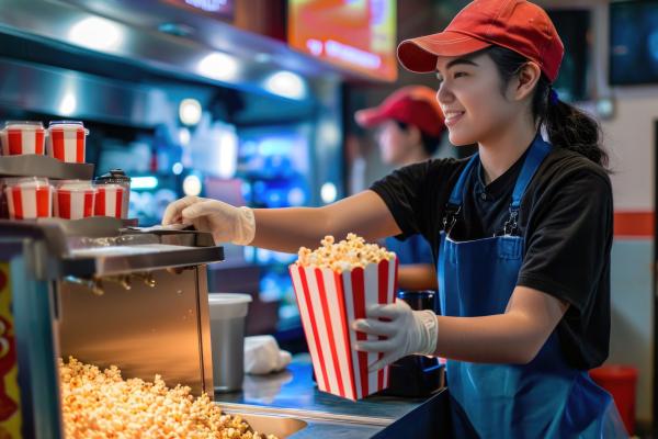 a photograph of a theater concessions worker filling a bag of popcorn