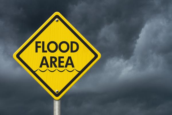 a photograph of a yellow warning sign that reads "flood area" against a stormy cloud backdrop