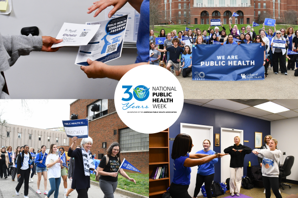 a photograph collage of the College of Public Health's national public health week activities with the NPHW logo in the center