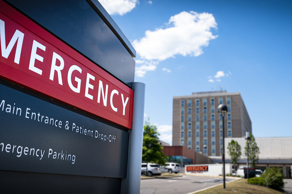 a stock photograph of the emergency department entrance sign of a hospital