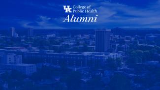 zoom background of university of kentucky campus in blue with college of public health logo and alumni subtitle