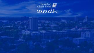reversed zoom background of university of kentucky campus in blue with college of public health logo and alumni subtitle