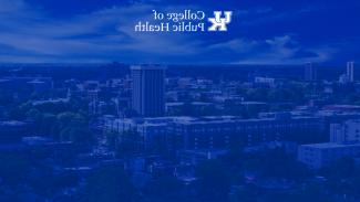 reversed zoom background of university of kentucky campus in blue with college of public health logo