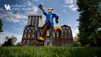 zoom background of mascot jumping with college of public health logo