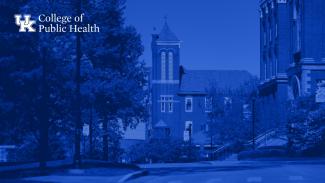 zoom background of barker hall in blue with college of public health logo