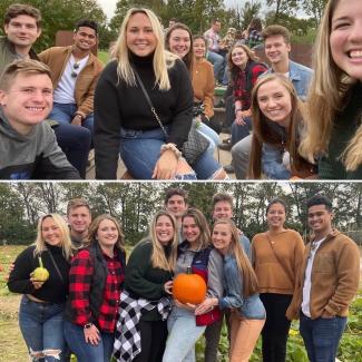 a collage of photographs showing MHA Student Association students in the fields of Eckert's Orchard