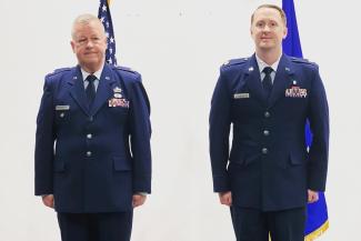 Alum Marcus Hincks (right) standing with his uncle Lt Col (retired) David Hinck in full air force uniforms