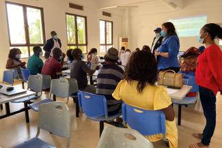 Charlene Siza training regional health workers on polio environmental specimen collection in Guinea-Bissau