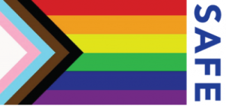 a LGBTQIA+ flag with the word "safe" next to it