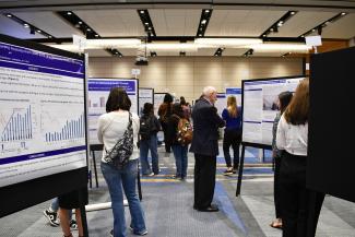 a photograph of a group of people presenting and viewing posters in rows