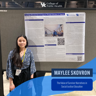a photograph of Maylee Skovron standing in front of their research poster