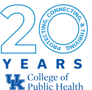 an illustrated logo for "20 years" of the college of public health with the words "protecting, connecting, & thriving"