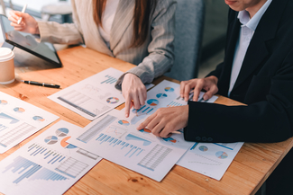 a stock photograph of two businesspeople going over spreadsheets