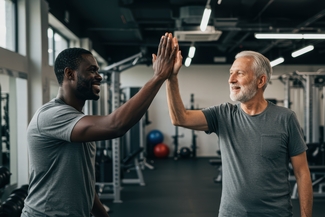 a stock photograph of two men high-fiving at a gym