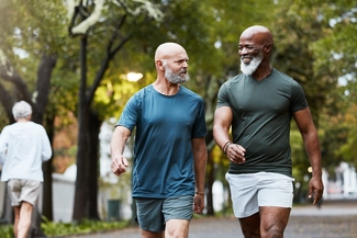 a stock photograph of two older men walking outside together