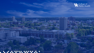 a zoom background showing a blue overlay with the College of Public Health logo