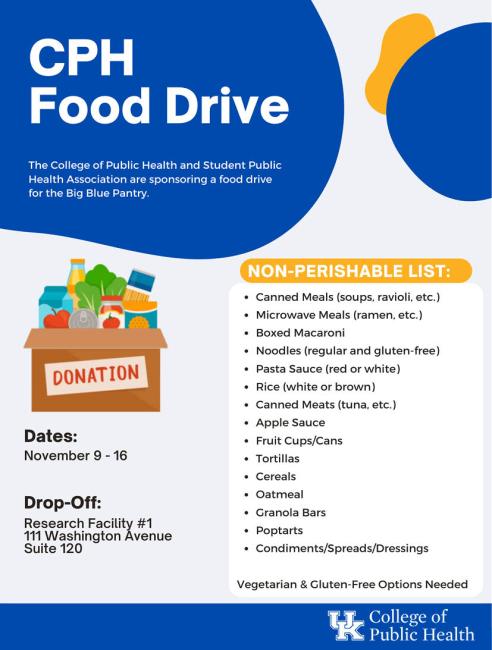an illustrated flyer of the "CPH Food Drive" and its "non-perishable list" of items that can be dropped off November 9-16 at Research Facility #1, 111 Washington Avenue, Suite 120