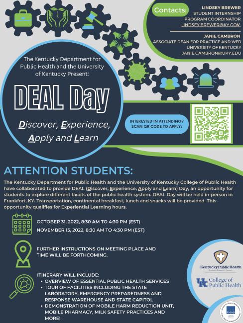 a flyer for "Kentucky Department for Public Health DEAL Day: Discover, Experience, Apply & Learn" containing the same information found on its event page