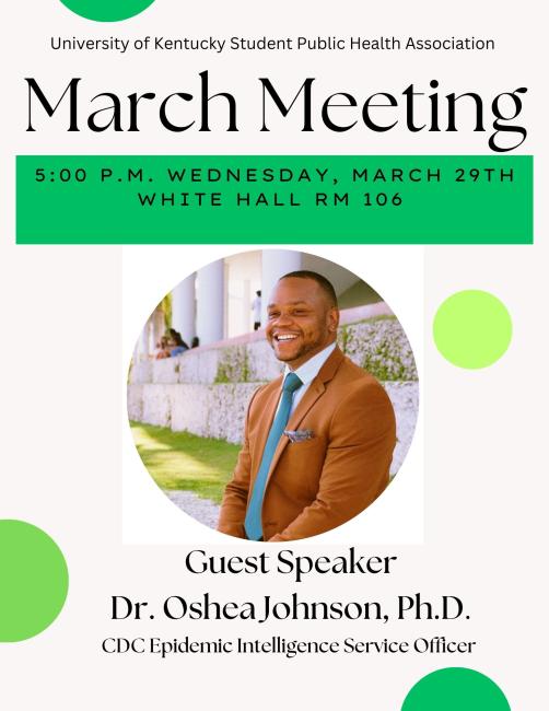 SPHA March 2023 Meeting flyer, with picture of speaker Oshea Johnson, PhD