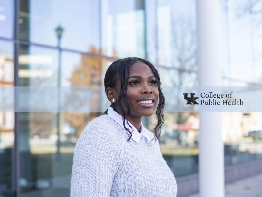 a photograph of a student with a College of Public Health graphic in the middle ground