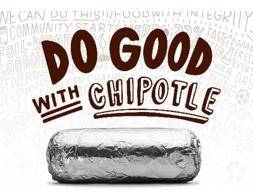 an illustrated graphic stating "do good with Chipotle" above an image of a tin foil wrapped burritio