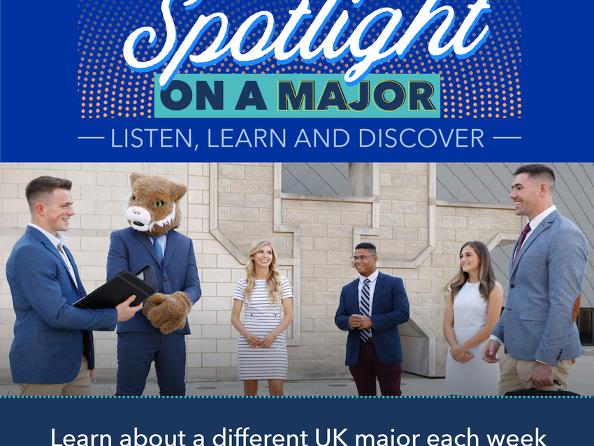 a graphic stating "learn about a different UK major each week from a Major Exploratory Associate" with a photograph of the UK mascot Scratch in a buisiness suit and other formally dressed students