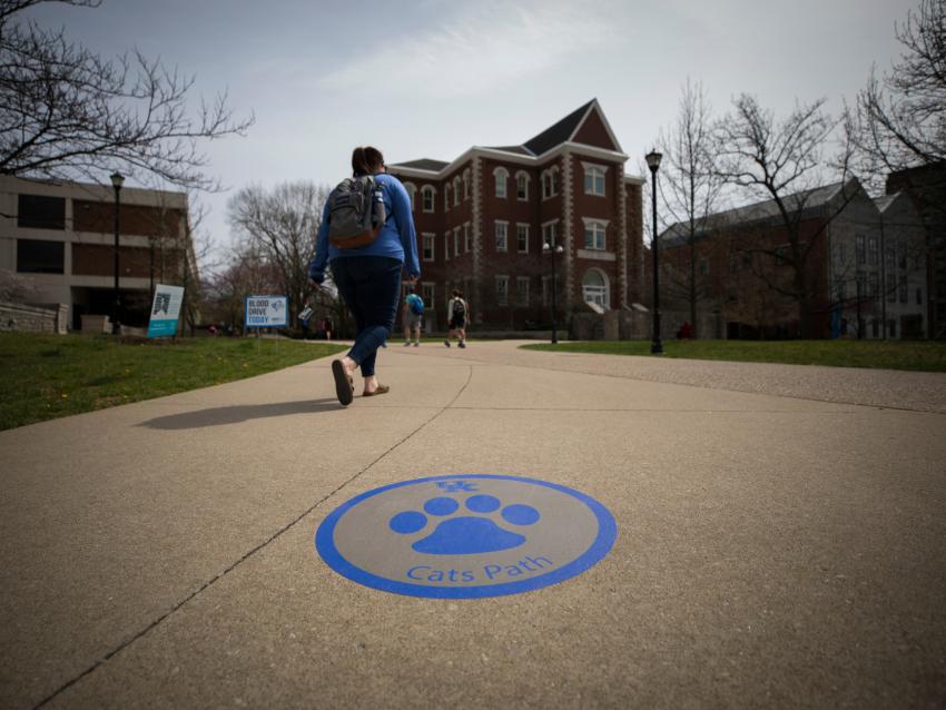 a photograph of a student walking along one of University of Kentucky's pathways where a blue cat footprint is imprinted on the concrete