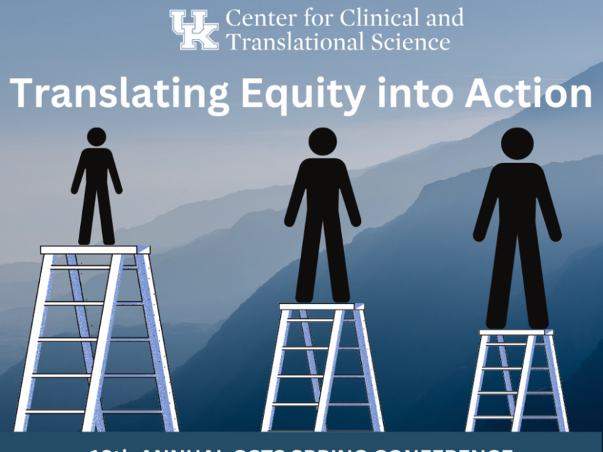 Event flyer for the 2023 CCTS Spring Conference illustrating different people on ladders with a greyed out mountain back drop.