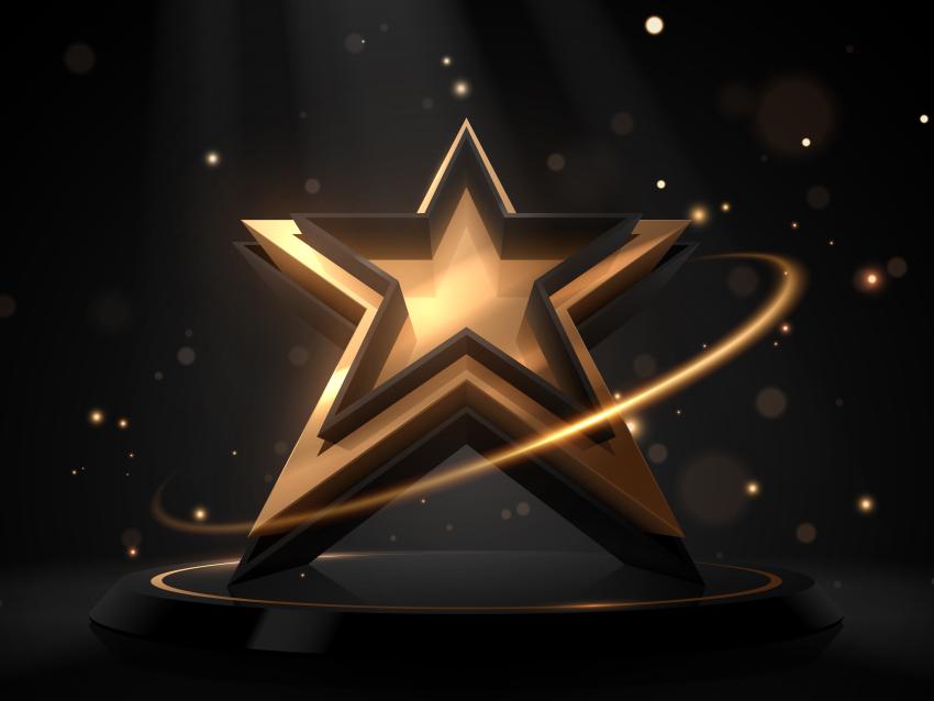Black and gold star shape award with light effect