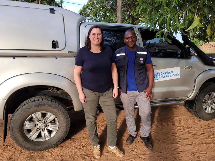 Charlene Siza working with WHO polio consultant during polio outbreak in Mozambique